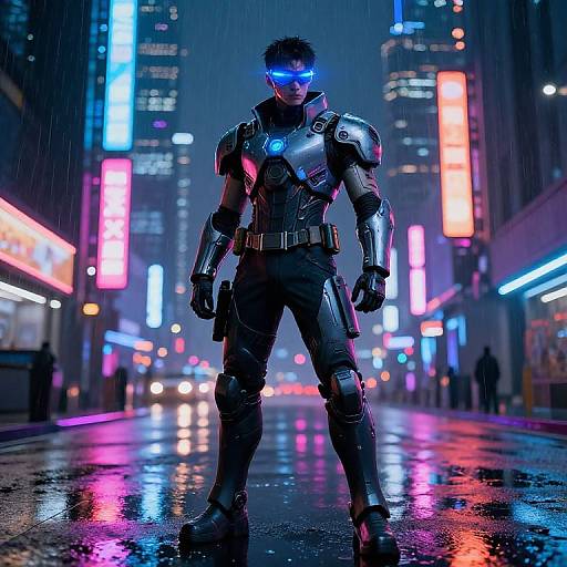 Cyberpunk soldier in futuristic armor with glowing blue visor stands in neon-lit, rainy city street, reflecting colorful lights on wet pavement.
