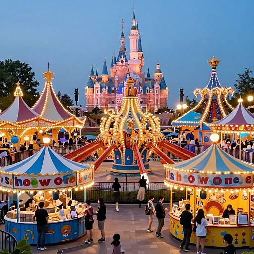 Photograph of a lively evening carnival with brightly lit, colorful tents, a central carousel, and a glowing, illuminated castle in the background.