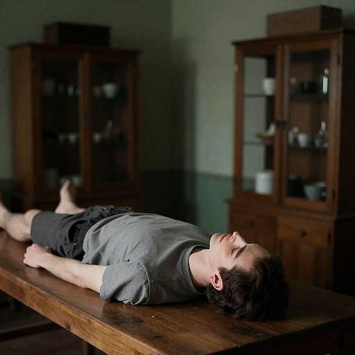 Relaxed Man on Table in Dim Room
