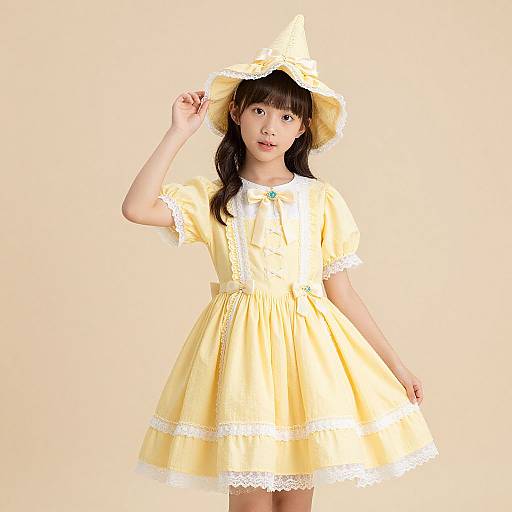 Photograph of an Asian woman with long black hair wearing a yellow witch hat and dress, white lace trim, and green bow, against a light beige