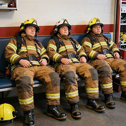 Photograph of three sleeping male firefighters in brown and yellow uniforms, black boots, and yellow helmets, seated on a blue bench in a fire station.