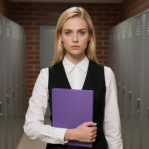 Serious Blonde Woman in Dim Hallway