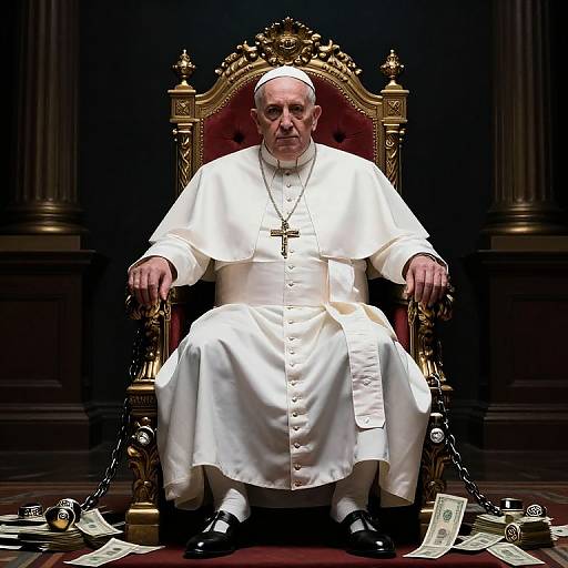 Photograph of an elderly Catholic Pope in white robes and skullcap, seated on an ornate gold throne, surrounded by money and a black chain,