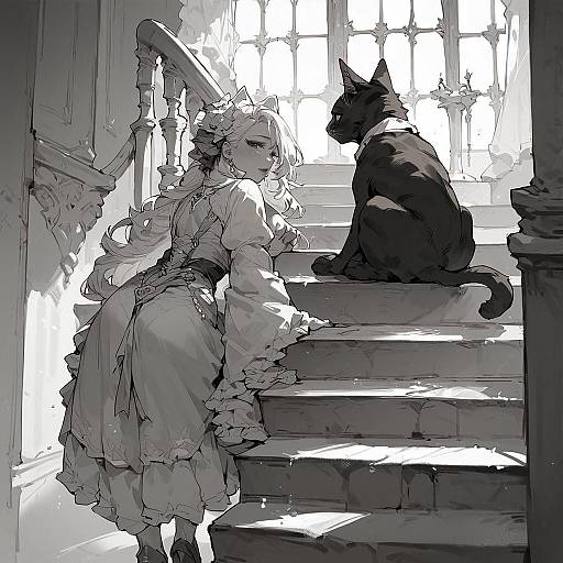 Victorian Woman and Cat on Stairs
