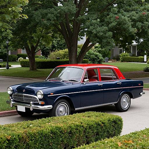 Photograph of a classic dark blue 1960s Chevrolet sedan with a vibrant red roof, parked on a suburban street, surrounded by lush greenery