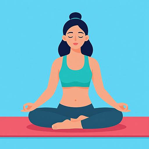 Digital illustration of a calm, dark-haired woman in a teal sports bra and black yoga pants, meditating cross-legged on a red mat against a blue