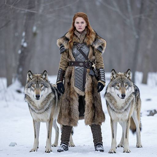 Photograph of a red-haired woman in fur-lined medieval armor, standing in snowy forest with two large, gray wolves flanking her.