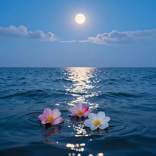 Moonlit Ocean with Floating Flowers