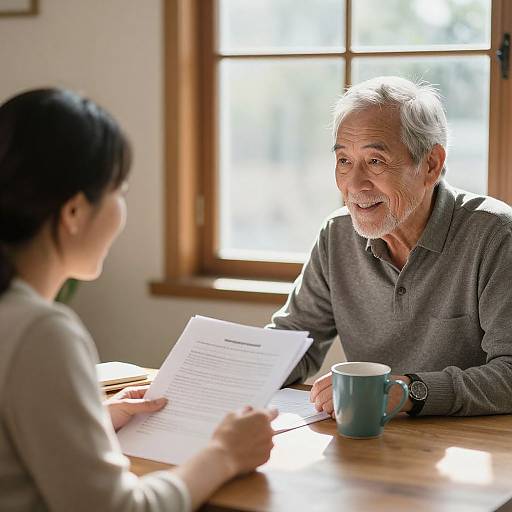 Photograph of an elderly white man with gray hair and beard, wearing a gray sweater, smiling at a young woman with black hair, holding a document