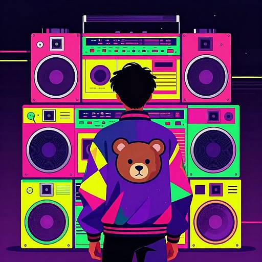 Digital art: Black-haired person with bear-emblazoned purple jacket faces vibrant, neon-colored stack of six large speakers against dark background.
