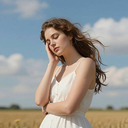 Photograph of a young woman with long brown hair, wearing a white sundress, standing in a golden field under a bright blue sky with fluffy clouds