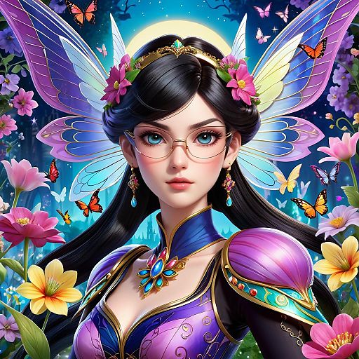 Vibrant Fairy Queen Portrait in Twilight Garden Vibrant Fairy Queen Portrait in Twilight Garden