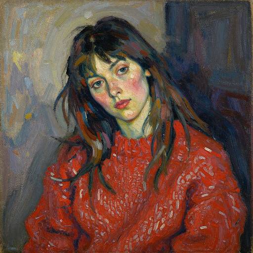 Impressionist oil painting of a young woman with long brown hair, pink cheeks, and red sweater, against a dark, textured background.