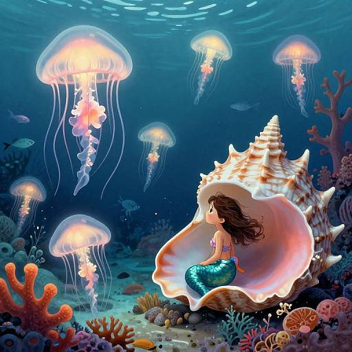 Digital illustration of a mermaid with blue-green scales, brown hair, and a shell seat, surrounded by glowing jellyfish in a vibrant underwater coral reef