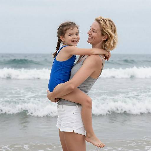 Joyful Beach Moment: Mother and Daughter