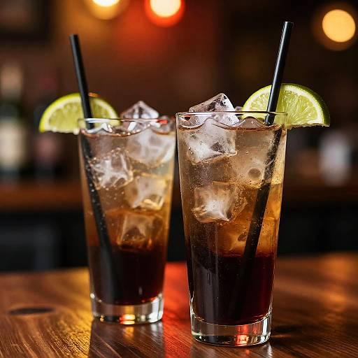 Photograph of two tall glasses with dark drinks, ice cubes, black straws, and lemon slices, on a wooden bar counter, illuminated by warm