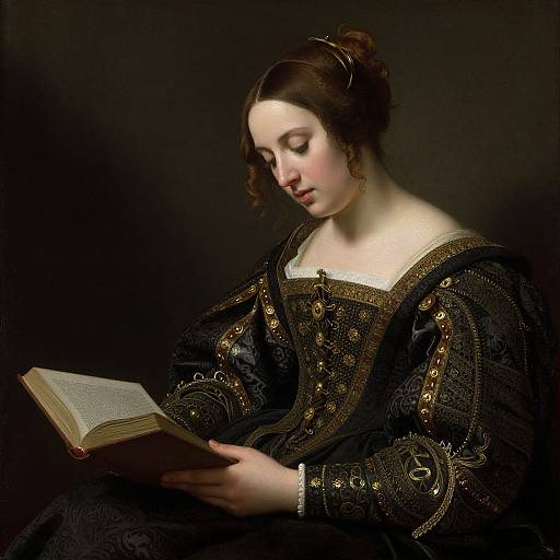 Baroque-style painting of a fair-skinned woman with brown hair in an elaborate black dress, reading an open book against a dark background.