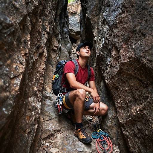 Young Climber in Rocky Passage
