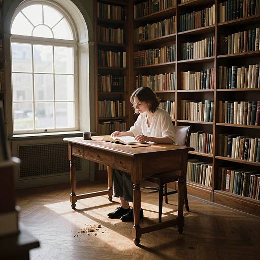 Sunlit Library Corner with Woman Reading
