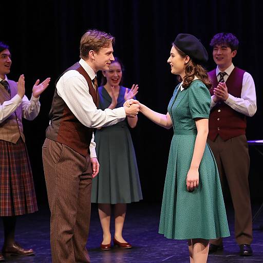 Photograph of a stage play scene: A man in brown vest and striped pants dances with a woman in a green dress and black beret, surrounded