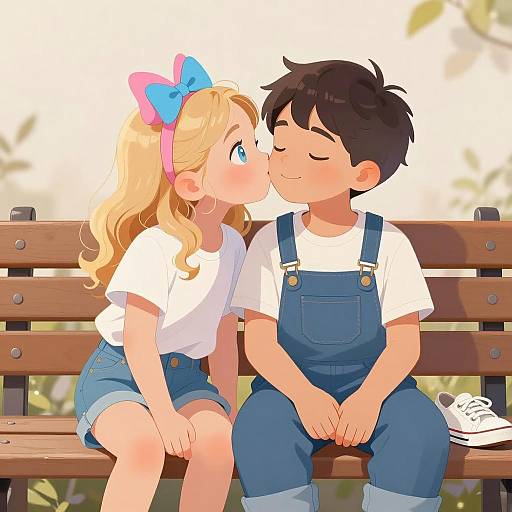 Children sharing a sweet moment on a bench