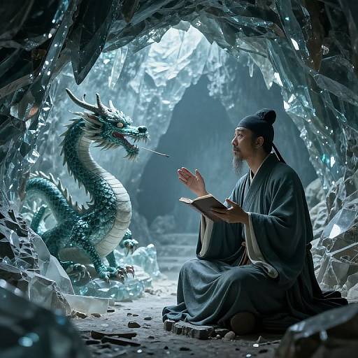 Photorealistic CGI: Bearded man in monk robe writes in a cave, a blue dragon with glowing eyes sits opposite, illuminated by ethereal light