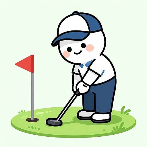 Cartoon of a blushing, white-faced boy in a blue cap and shirt, blue pants, using a putter on a green grass patch with