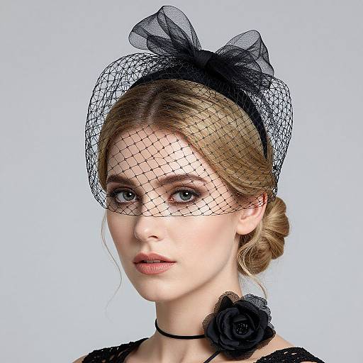 Elegant Blonde Woman in Vintage Black Birdcage Veil