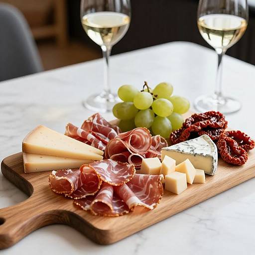 Photograph of a wooden cheese board with slices of cheese, prosciutto, green grapes, and dried cranberries, set on a marble table with