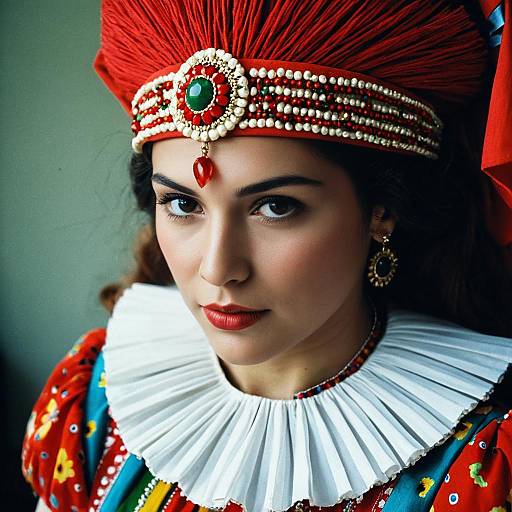 Photograph of a woman in a vibrant red circus costume with a white ruffled collar, adorned with pearls and jewels, and a red headpiece,