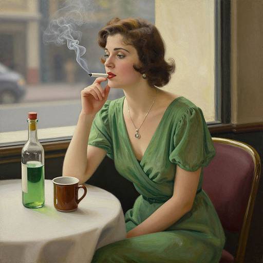 Vintage-style photograph of a fair-skinned woman with curly brown hair, wearing a green dress, smoking a cigarette, seated at a café table with a