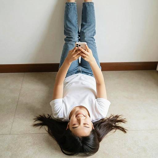 Joyful Asian Teen Texting Morning