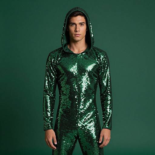 Photograph of a young man with olive skin and dark hair, standing against a green background, wearing a shiny green sequin hooded jumpsuit.