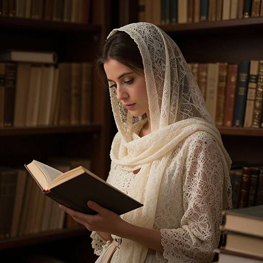 Photograph of a young woman with dark hair, wearing a white lace headscarf and dress, reading a book in a dimly lit library with