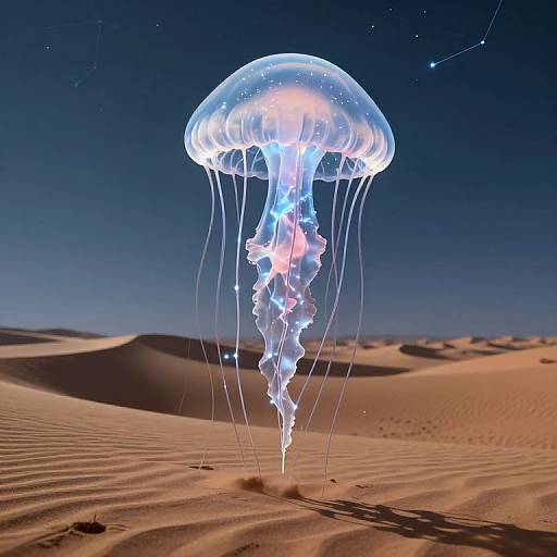 Photograph of a glowing, translucent jellyfish with long, trailing tentacles floating above a desert landscape with dunes under a starry night sky.