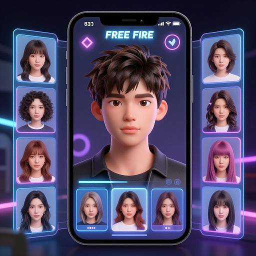 Digital illustration of a smartphone screen displaying a male face with options to choose from eight female avatars, each with unique hair colors and styles, against a