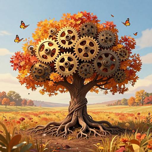 Mechanical Tree in Autumn Field