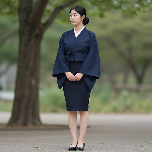 Photograph of an Asian woman with black hair in a bun, wearing a black kimono-style outfit and black flats, standing on a path in a