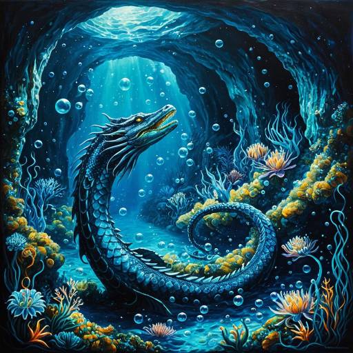 Ethereal Sea Serpent in Underwater Cavern