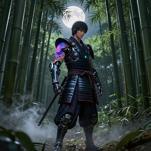 Digital artwork of a samurai in black armor with glowing blue and purple shoulder tattoo, standing in a misty bamboo forest under a full moon.