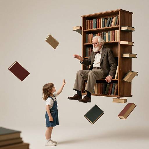 Photograph of an elderly white man with a white beard and glasses, sitting on a floating bookshelf, making books levitate, while a young girl