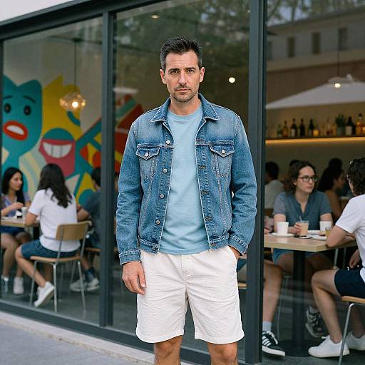 Photograph of a handsome, dark-haired man in a denim jacket and white shorts, standing outside a colorful, modern cafe with patrons inside.