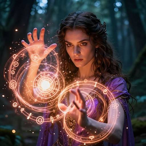 Photorealistic digital artwork of a mystical woman with long brown hair, casting glowing magical circles with her hands in a dark forest.