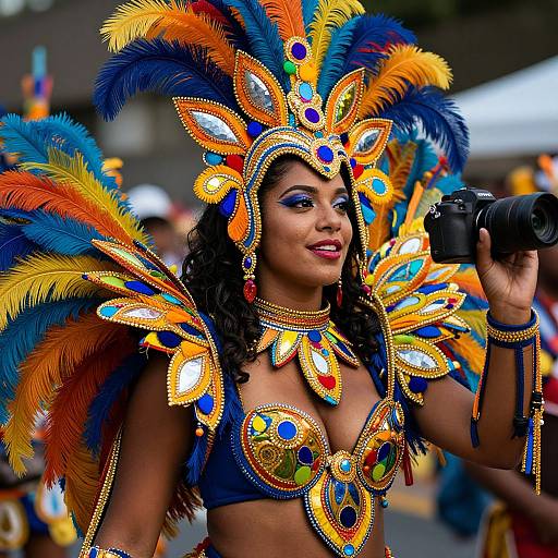 Photograph of a Black woman in vibrant, colorful Carnival costume with orange, blue, and yellow feathers, holding a camera, smiling confidently.