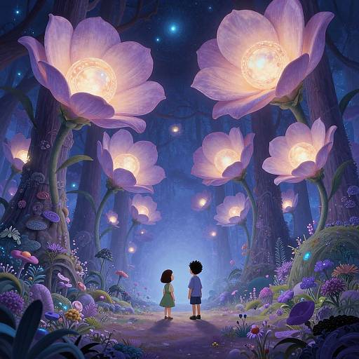 Digital fantasy artwork of a child in a green dress and a boy in a blue shirt standing under glowing, ethereal pink flowers in a magical, lum