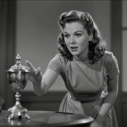 Black-and-White 1940s Woman Reaching for Object