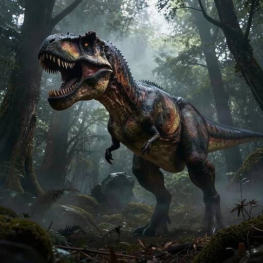 Cinematic Scary T Rex in Foggy Forest