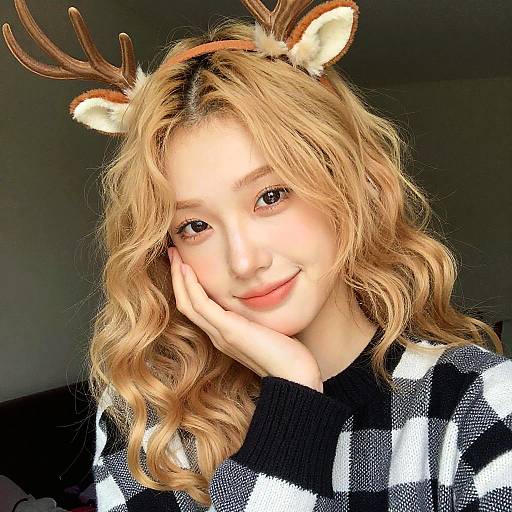 Photograph of a smiling young woman with wavy blonde hair, wearing deer antler headband and black-and-white checkered sweater, resting her chin