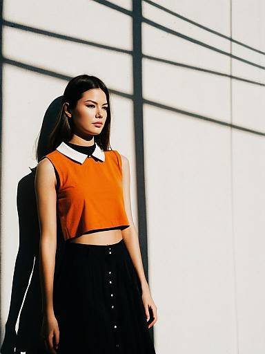 Young woman in orange crop top and black skirt