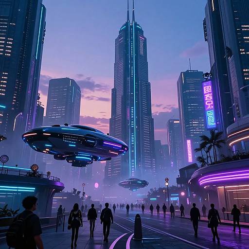 Neon-lit futuristic cityscape at dusk with hovering blue and purple UFOs, tall skyscrapers, silhouetted pedestrians, and vibrant